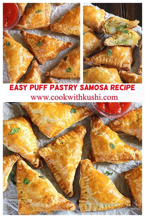 Samosa With Puff Pastry, Puff Pastry Recipes Vegetarian Indian, Snacks With Puff Pastry, Puff Pastry Toppings, Savory Turnover Recipes, Pastry Dough Recipe Savory, Puff Pastry Main Dish Recipes, Aloo Puff Pastry, Puff Pastry Samosa