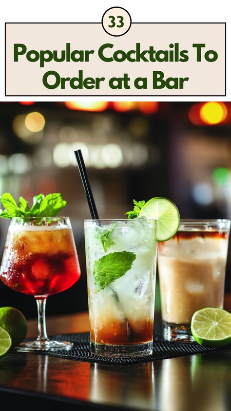 An assortment of popular cocktails displayed on a bar counter, including a Mojito, Margarita, and Espresso Martini, each served in unique glasses, with vibrant garnishes like lime wedges and mint leaves, creating an inviting and trendy bar atmosphere. Cool Drinks To Order At A Bar, High Alcohol Content Drinks, Drinks To Order At Bar Fruity, Bar Mixed Drinks, Easy Cocktails To Order At A Bar, Vodka Drinks To Order At The Bar, Drinks To Get At The Bar, Popular Cocktails Mixed Drinks, Drinks Every Bartender Should Know