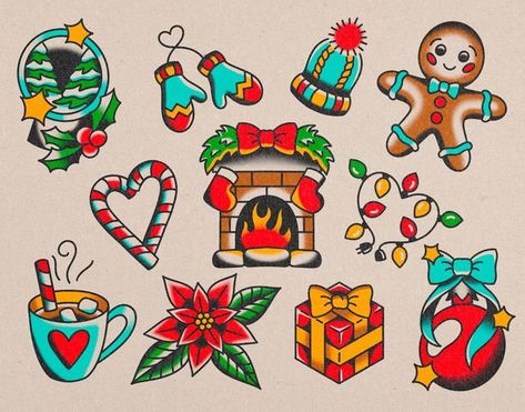 Simple Christmas Tattoo Flash, Mini Christmas Tattoo, Traditional Christmas Tattoo Flash, Christmas American Traditional Tattoo, Xmas Flash Tattoo, Old School Christmas Tattoo, Holiday Tattoo Flash, Christmas Flash Tattoo Ideas, Tiny Christmas Tattoo