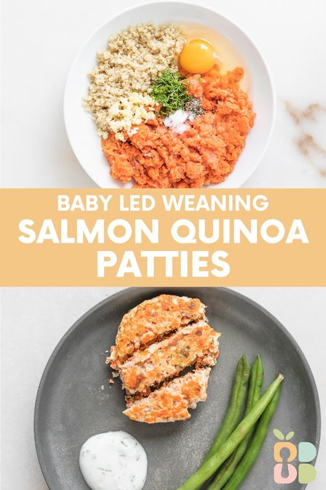 Baby Salmon Quinoa Patties with Dill Yogurt Sauce - Baby Led Bliss Salmon Patties For Babies, Blw Salmon Recipe, Salmon Recipes For Baby, Baby Salmon Recipe, Salmon Baby Led Weaning, Toddler Salmon Recipe, Blw Fish, Salmon For Toddlers, Blw Protein Ideas