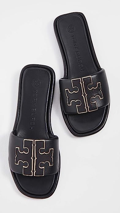 Luxury Sports Boots With Rubber Sole, Luxury Double Strap Heels With Padded Heel, Luxury Sandals Trendy, Tory Burch Slides Outfit, Tory Burch Slides, Pretty Sandals, Sandals Outfit, Tory Burch Sandals, Logo Emblem