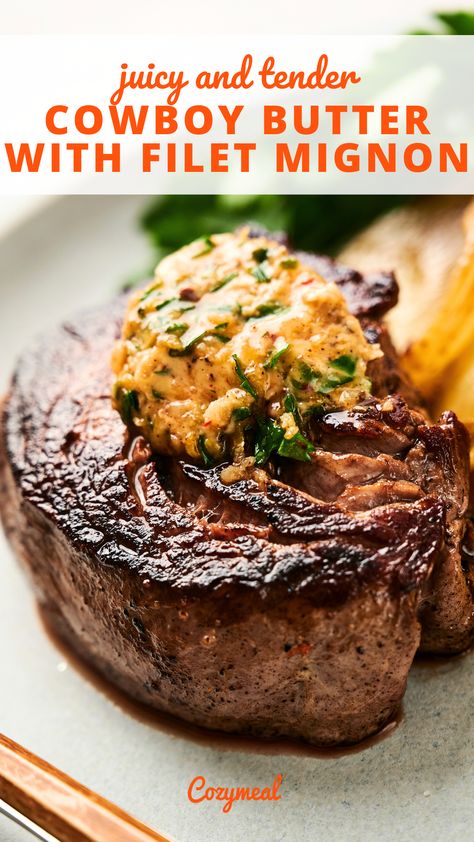 This flavorful cowboy butter with filet mignon is a taste of frontier luxury. These tender, juicy filets deliver a significant flavor payoff with little effort. Grilled Filet Mignon Recipes, Top Sirloin Filet Recipes, Sauces For Filet Mignon, Marinade For Filet Mignon Steaks, Petite Tender Beef Filet Recipes, Petite Filet Mignon Recipe, Filet Mignon Sides, Filet Mignon Recipes Pan Seared, Filet Marinade