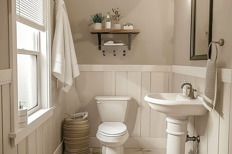 34 Cozy Neutral Bathroom Paint Colors for a Warm Atmosphere Sherwin Williams Half Bath Paint Colors, Taupe Paint Colors Bathroom, Cream Walls Bathroom, Board And Batten Bathroom Paint Colors, White And Taupe Bathroom, Grey Tile Bathroom Paint Color Schemes, Bathroom Neutral Paint Colors, No Window Bathroom Paint Colors, Bathroom Colors For Small Bathrooms