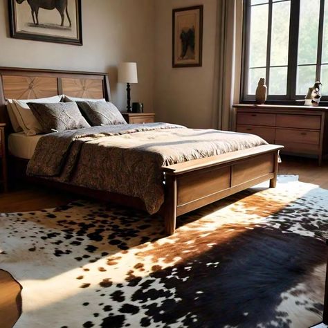 Cowhide rugs can add a rustic charm to a bedroom. Consider placing one beside the bed to create a cozy feel or in the center of the room as a statement piece. Pair it with neutral or earthy tones for a harmonious look, and complement it with natural materials like wood or rattan for a cohesive style. Additionally, consider the size of the rug in proportion to the room and furniture to ensure a balanced layout. #cowhiderug #cowprint #arearug #interiordesign #diyrug #cowhide #cow #braziliancow... Cowhide Rug Under Bed, Cow Hide Rug Bedroom, Cow Hide Rug Bedroom Ideas, Cow Rug Bedroom, Hide Rug Living Room, Ranch Style Bedroom, Cowhide Rug Bedroom, Cowhide Bedroom, Cowhide Rug Living Room