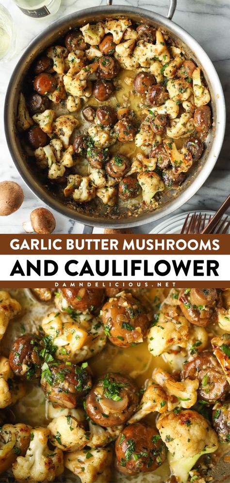 You're just 30 minutes away from this easy vegetable side dish! The whole family will love this Garlic Butter Mushrooms and Cauliflower that's sauteed in flavorful goodness. Put this mushroom cauliflower skillet on your veggie recipes for dinner! Mushroom And Cauliflower, Cauliflower Skillet, Butter Mushrooms, Mushroom Side Dishes, Garlic Butter Mushrooms, Healthier Meals, Cauliflower Recipe, Vegetable Side Dishes Recipes, Veggie Side Dishes