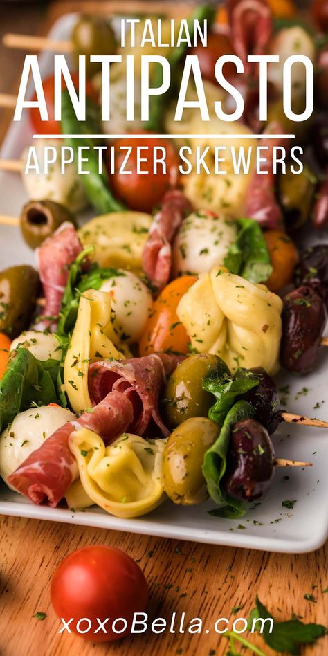 Antipasta Appetizers Appetizer Recipes, Appetizer Screwers, Antipasto On A Stick, Grocery Store Appetizers, Bow Tie Antipasto Bites, Italian Themed Dinner Party Food, Labor Day Appetizer Ideas, Pasta Appetizers Appetizer Ideas, Antipasta Skewer Appetizer