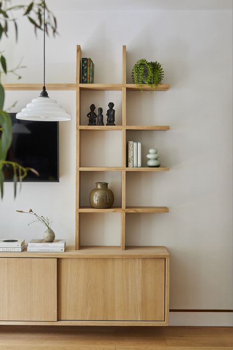 Room Divider Shelves, Styling Bookshelves, String Shelf, Styling Shelves, Joinery Design, London Townhouse, 70s Home, Custom Built Ins, Bookshelf Styling