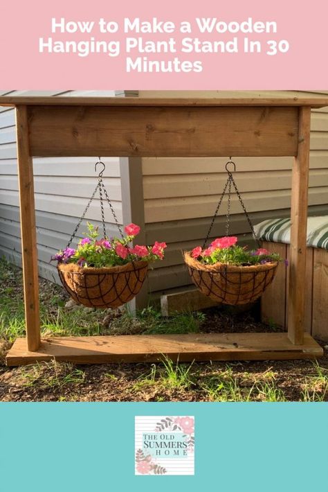 How to Make A Beautiful Wooden Hanging Plant Stand In 30 Minutes! 8 Hanging Plant Stand, Grocery Sign, Wooden Plant Stand, Vertical Garden Planters, Rustic Wooden Bench, Garden Boxes Raised, Diy Planter, Diy Planter Box, Vertical Garden Wall