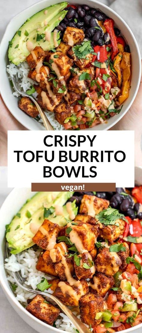 Spicy Baked Tofu Burrito Bowl Mexican Tofu Bowl, Clean Vegetarian Eating, Tofu Rice Bowl Recipe, Vegetarian Meal Preps, Tofu Rice Recipes, Tofu Power Bowl, Chickpea And Tofu Recipes, Vegan Tofu Bowl, Vegan Scrambled Eggs Tofu