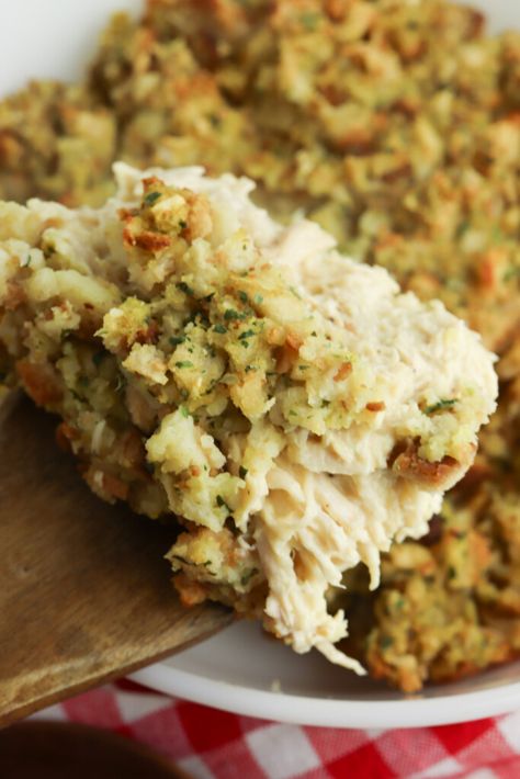 Easy Chicken and Stuffing Casserole - BubbaPie Stovetop Stuffing Chicken, Shredded Chicken Casserole, Stove Top Stuffing Recipes, Chicken And Dressing, Dressing Casserole, Chicken And Dressing Casserole, Recipes Using Rotisserie Chicken, Chicken Stuffing Casserole, Chicken And Stuffing