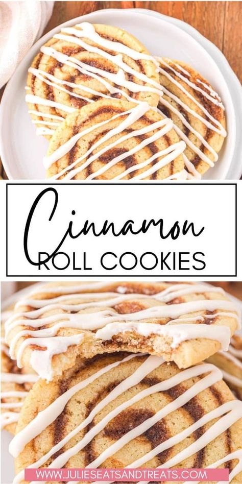 Delicious Cinnamon Roll Cookies start with a refrigerated sugar cookie dough that's filled with cinnamon sugar, rolled up and cut to look like cinnamon rolls. Then drizzle cream cheese on top of the cookies for the perfect sweet finish. This easy cookie recipe makes a festive Christmas Cookie! Cinnamon Desserts, Cinnamon Roll Muffins, Cinnamon Roll Cookies, Gooey Cookies, Christmas Cookie Exchange, Roll Cookies, Sugar Cookie Dough, Easy Cinnamon, Baking Cookies