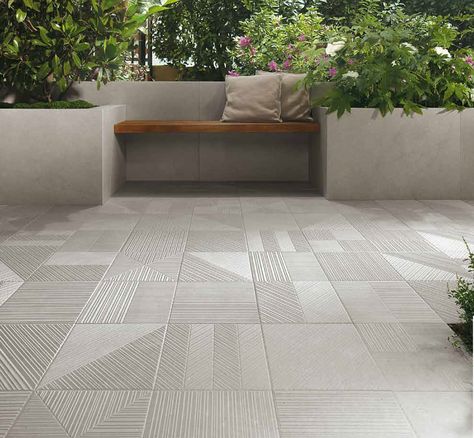 This contemporary patio has a grey tile from the Nux Collection. Great for indoor and outdoor use. There are different colors and styles available. Outdoor Wood Flooring, Outdoor Tile Patio, Balcony Tiles, Terrace Tiles, Floor Tiles Design, Terrace Floor, Porch Tile, Exterior Tiles, Exterior Wall Tiles