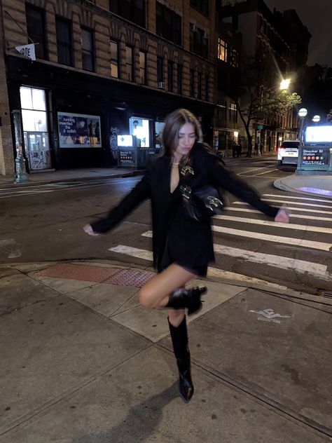 High Heels Boots Outfit Dress, Knee High Boots Night Out Outfit, Night Out Outfit Picture, Blazer Dress And Knee High Boots, Long Boots Night Outfit, Black Dress With Knee High Boots Outfits, Black Blazer Boots Outfit, Black Blazer Outfit Photoshoot, High Black Cowboy Boots Outfit