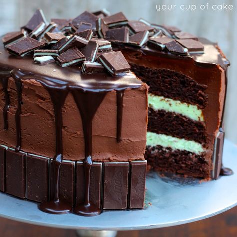 Andes Mint Cake topped with chocolate ganache and Andes Mints. Looks like heaven, right? Oh yes. And it's SO easy to decorate and make! Cakes For Auction, Andes Mint Cake Recipe, Cake Auction Cakes, Cake Auction Ideas, Andes Mint Cake, Mint Buttercream, Andes Mints, Peppermint Cake, Mint Cake