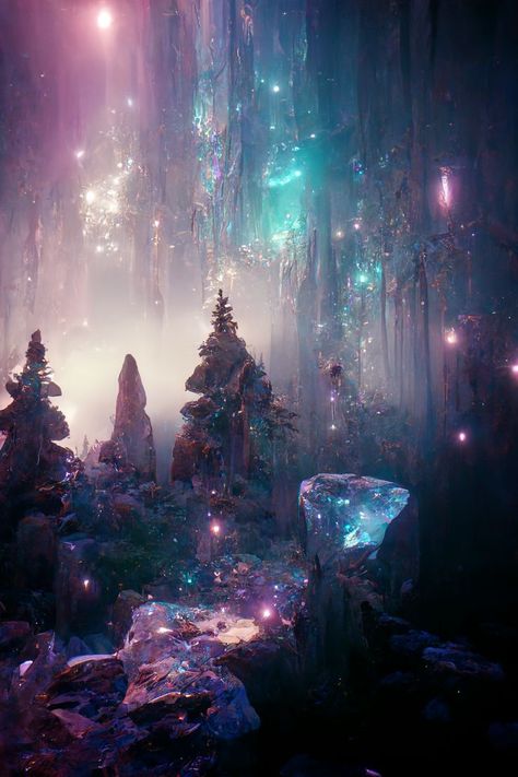 Crystal Forest Aesthetic, Crystal Forest Fantasy Art, Crystal Fantasy Landscape, Light Fantasy Kingdom Aesthetic, Crystal World Fantasy Art, Crystal Forest Art, Crystal Kingdom Fantasy Art, Fairy Kingdom Aesthetic, Space Fantasy Aesthetic