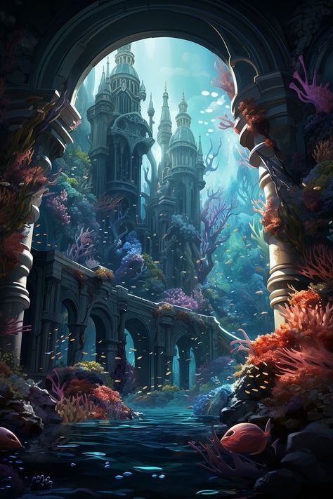 Lost Temple Concept Art, Ocean City Concept Art, Deep Ocean Fantasy Art, Ocean Kingdom Fantasy Art, Sea Kingdom Fantasy Art, Mermaid Kingdom Fantasy Art, Coral City Fantasy Art, Nature Kingdom Fantasy Art, Fantasy Ocean Village