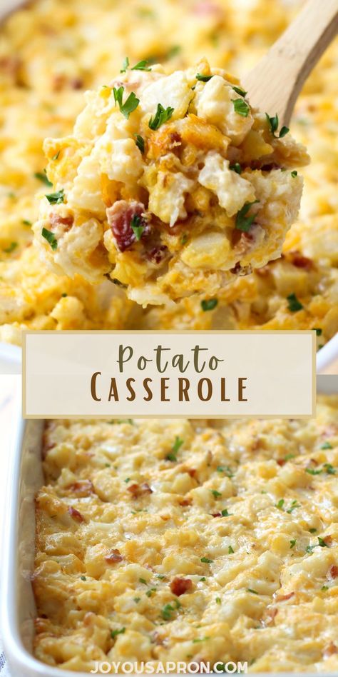 Potato Casserole - easy potato recipe using hasbrown potatoes. Makes a yummy side dish or breakfast and brunch for the holidays. Potato is combined with cream of chicken, cheese and bacon, then oven baked. Great potluck dish as well! Potato Casserole Recipes Breakfast, Easter Breakfast Potatoes, Easter Brunch Potatoes Recipes, Brunch Recipes Potatoes, Cheesy Bacon Potatoes Casserole, Brunch Potatoes Casserole, Potato Brunch Recipes, Frozen Potatoes Recipes, Superbowl Casserole