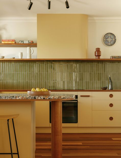 Mid Century Modern Kitchen Renovation, Kitchen Renovation Design, Modern Kitchen Renovation, Pastel Kitchen, Mid Century Aesthetic, Apartment Makeover, Mid Century Modern Kitchen, Australian Architecture, Beach House Design