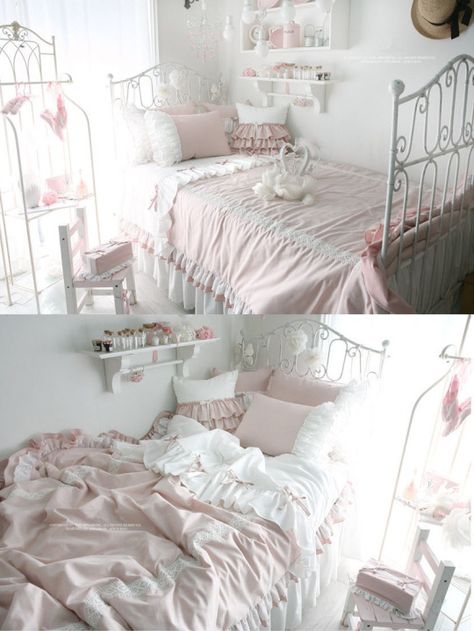 Lolita bedding Kawaii Bed Cover, Kawaii Bedding Roomtery, Rooms Decoration, Sanriocore Room Bed, Kawaii Bedding Pink, Pink Frilly Bedding, Dream Bedroom Inspiration, Pink Room Decor, Girly Room