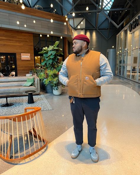 Streetwear outfits| Big Men|Carhartt Vest | Quater Zip Sweater | Fisher Men Beanie | Nike Killshot 2 Cubby Men Fashion, Big Men Streetwear, Big Guy Fall Fashion, Big Guy Streetwear, Big And Tall Streetwear For Men, Fisher Vest Outfit, Bigger Men Outfits, Big Boy Outfits Guys, Carhartt Mens Outfits