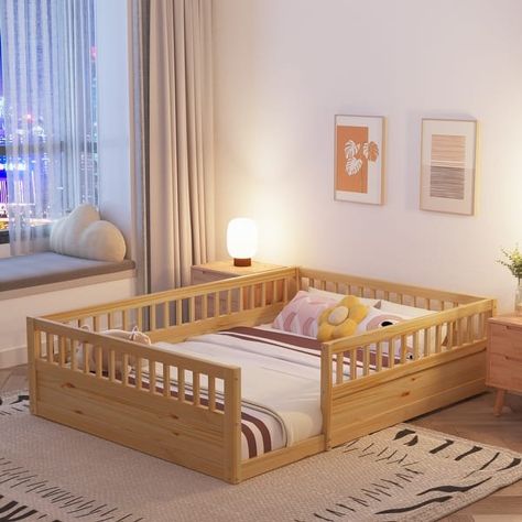 Full Floor Bed Frame with Fence, Wood Kids Floor Beds Frame for Bedroom Playroom - Bed Bath & Beyond - 40922186 Full Floor Bed, High Fence, Floor Beds, Kids Floor Bed, Wood Playhouse, Playhouse Bed, Montessori Floor Bed, Pine Wood Flooring, Ground Design