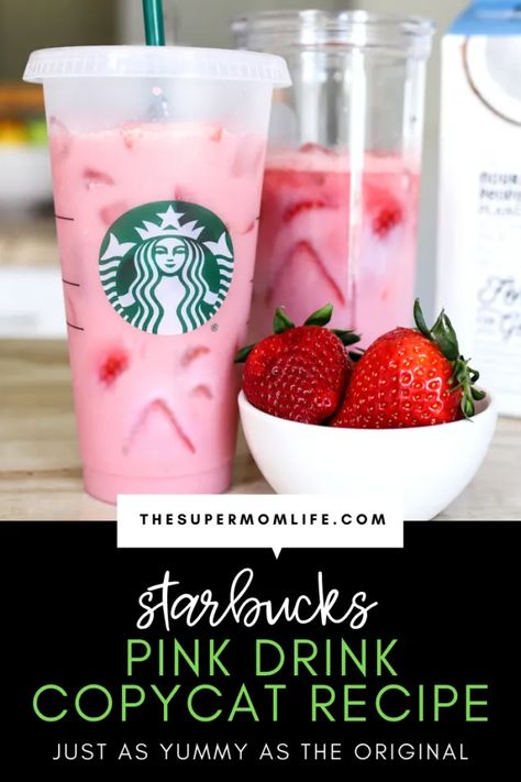 Starbucks Pink Drink Copycat Recipe - The Super Mom Life Pink Drink Copycat, Kawa Starbucks, Starbucks Pink Drink Recipe, Pink Drink Starbucks, Starbucks Pink Drink, Pink Drink Recipes, Strawberry Acai Refresher, Starbucks Strawberry, Strawberry Acai