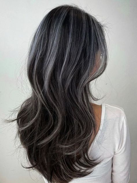 Black Hair Highlights Ideas, Black Hair Highlights, Hair Highlights Ideas, Gray Highlights, Black And Grey Hair, Silver Hair Highlights, Dark Grey Hair, Highlights Ideas, Black Hair Balayage