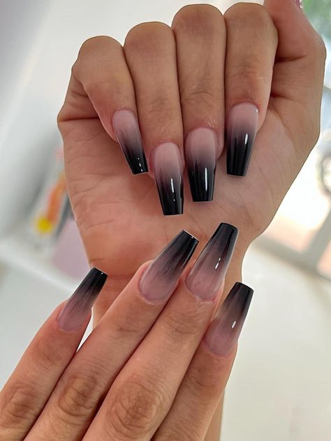 Black And White Ombre Nails Coffin, Nail Ideas Matte Black, Ombre Pink And Black Nails, Acrylic Nails With Black Design, Black Ombre Nails Square, Pink And Black Ombre Acrylic Nails, Pink To Black Ombre Nails, Acrylic Nails Black Designs, Ombré Black Nails