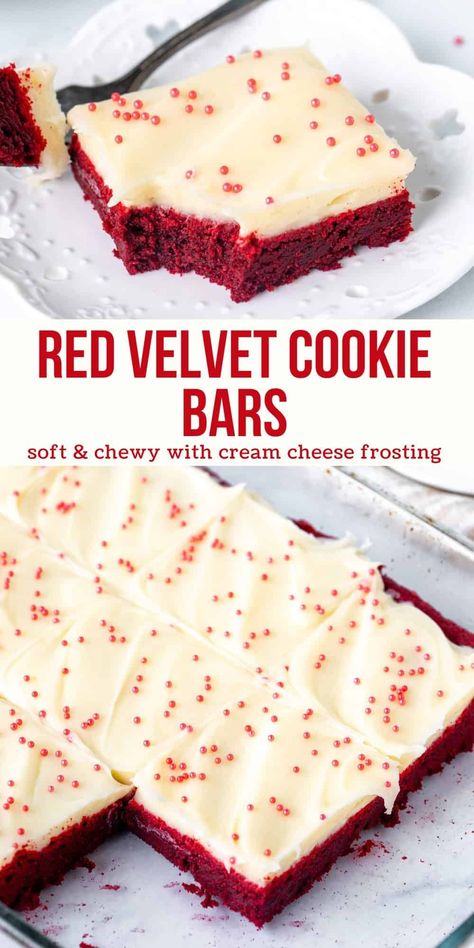 These red velvet cookie bars are soft and chewy with a delicious red velvet flavor and tangy cream cheese frosting. These cookie bars are essentially a big batch of red velvet sugar cookies. #redvelvet #cookiebars #creamcheesefrosting #redvelvetcookies #christmasrecipes #valentinesdayrecipes Red Velvet Cookie Bars, Velvet Desserts, Bars With Cream Cheese Frosting, Bars With Cream Cheese, Recipe Cookies, Nut Rolls, Red Velvet Cookies, Baking Fun, Dessert Bar Recipe