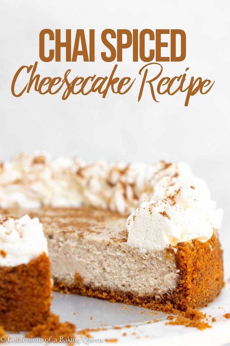 This Chai Cheesecake will be your new favorite recipe! Creamy Cheesecake is filled with Chai Inspired Spices topped with fresh whipped cream all on top of a Speculoos Cookie Base. This Chai Cheesecake recipe is the best! #chaispicedessert #chaicheesecake #easycheesecakerecipe #cheesecakerecipe Chai Cheesecake, Fall Cheesecake, Fresh Whipped Cream, Cookie Base, Chai Recipe, Best Cheesecake, Easy Cheesecake Recipes, Salty Cake, Cheesecake Desserts