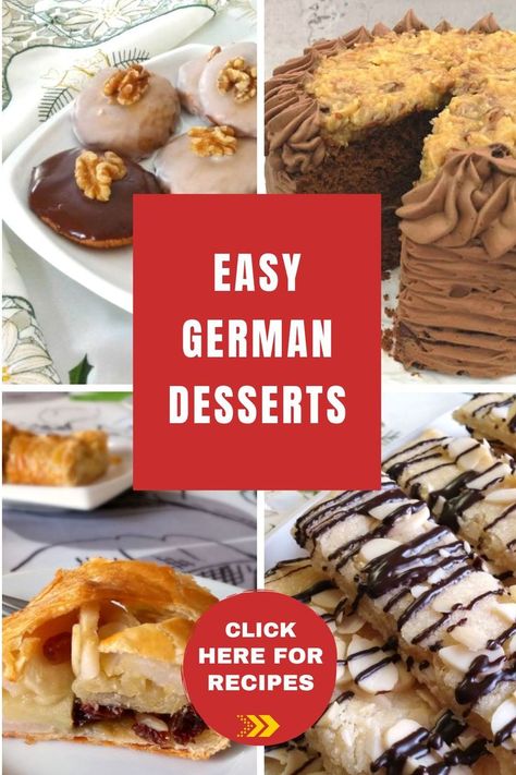 collage of easy german desserts German Dessert Recipes, German Recipes Dessert, International Desserts Recipes, German Cakes Recipes, Traditional German Desserts, German Snacks, German Dessert, Easy German Recipes, German Pastries