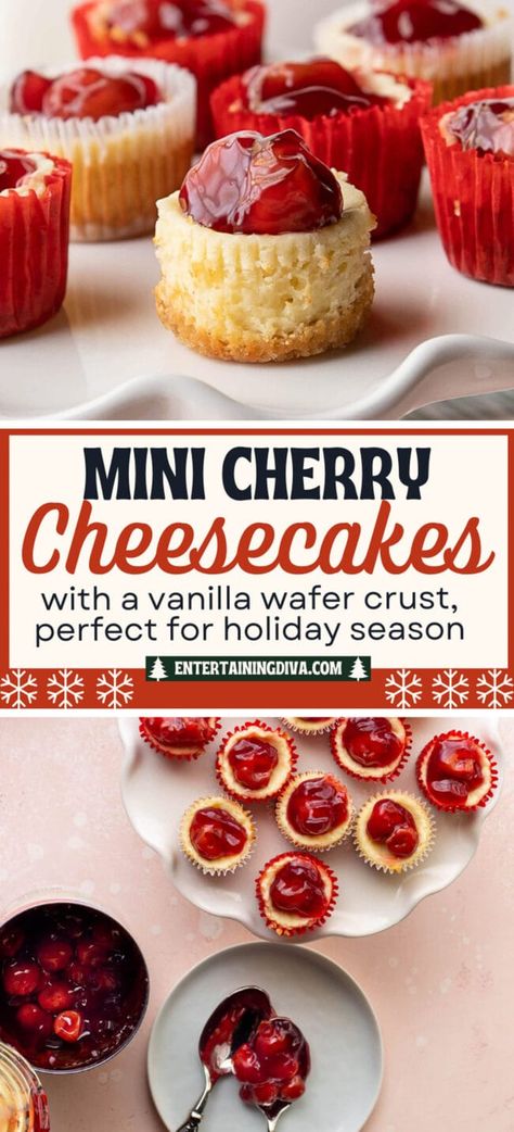 Mini Cherry Cheesecakes With A Vanilla Wafer Crust | Party Finger Foods Cherry Cheesecake Bites, Traditional Cheesecake, Cheesecake Cupcakes Recipe, Mini Cherry Cheesecakes, Cherry Cheesecake Recipe, Mini Cheesecake Bites, Vanilla Wafer Crust, Cheesecake Bites Recipe, Cherry Topping