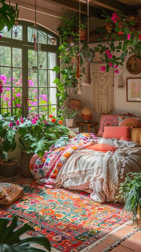 Floral Maximalist Bedroom, Natural Life Bedroom, Pink Plant Room, Napping Room, Hippie House Aesthetic, Boho Aesthetic Bedroom, Bedroom Ideas Women, Colorful Bohemian Bedroom Decor, Colorful Boho Bedroom Ideas