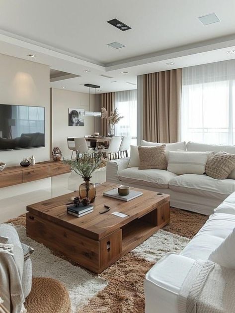 Off White And Brown Living Room, Modern Flat Interior Living Rooms, White And Brown House Decor, White Carpet Living Room Ideas, White Brown Gold Living Room, White And Brown House Interior, Cream And Wood Living Room Ideas, White And Brown Living Room Decor, Brown And White Living Room Ideas