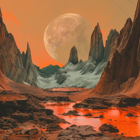 Another planet rocks landscape with big moon in the orange sky, made with Ai Other Planets Landscape, Exo Planets Space, Different Planet Aesthetic, Space Landscape Art, Sci Fi Planet Landscape, Planet Landscape Concept Art, Another World Aesthetic, Mars Concept Art, Alien Planet Landscapes