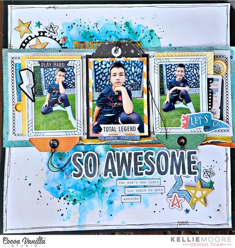 No Limits | Cocoa Vanilla Studio Boy Scrapbook Layouts, Scrapbooking Kids, Baby Scrapbook Pages, Scrapbook Boys, Simple Scrapbook, Mixed Media Scrapbooking, Kids Scrapbook, Ink Splatter, Mix Media