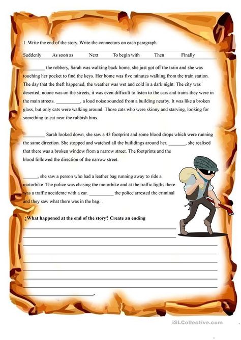 Write the end of the mystery. Connectors. Reading and writing a composition - English ESL Worksheets Elementary Writing Prompts, Reading Comprehension For Kids, Linking Words, English Grammar Worksheets, Elementary Writing, Story Activities, Grammar Practice, Grammar Worksheets, Language Resources