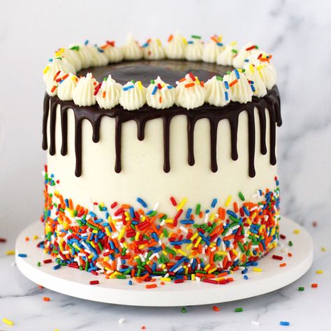 Celebrate a special birthday with this Sprinkle Birthday Cake. This deliciously moist white cake is frosted with homemade buttercream, topped with chocolate ganache drips and is decorated with lots of rainbow colored sprinkles. Boy Sprinkle Cake, Chocolate Birthday Cake Kids, Fun Birthday Cakes, Sprinkle Birthday Cake, Sprinkle Birthday, Bolo Rapunzel, Key Lime Cupcakes, Kids Birthday Cakes, Kids Birthday Cake