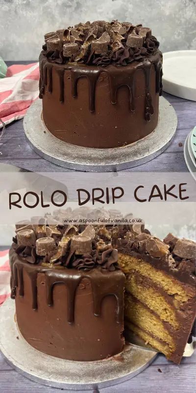 Rolo Drip Cake - A Spoonful of Vanilla Vanilla Baking Recipes, Rolo Cake, Drip Cake Tutorial, Drip Cake Recipes, Rolo Chocolate, Rolo Cookies, Smooth Cake, Easy Cheesecake Recipes, Chocolate Drip