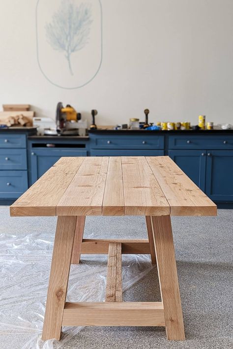 Looking for a chunky dining table that doesn't cost a fortune? Build one! We'll show you how to build this beautiful DIY table. It only requires a few steps and can be built in a day! Rustic Dining Table Plans, Wooden Table Diy Dining, Home Made Dining Table, How To Build Table, Outdoor Dining Table Plans, Shanty 2 Chic Dining Table, Light Stained Dining Room Table, Exterior Table Design, Dining Table Plans Diy