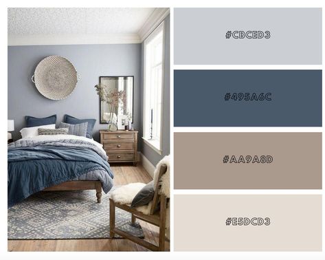 Bedroom Blue Walls Colour Palettes, Dusty Blue And Navy Bedroom, Blue Taupe Bedroom, Beige Navy Bedroom, Dusty Blue Master Bedrooms Decor, Cool Tone Bedroom Color Pallets, Navy Bedroom Color Scheme, Steel Blue Room, Stone Blue Bedroom