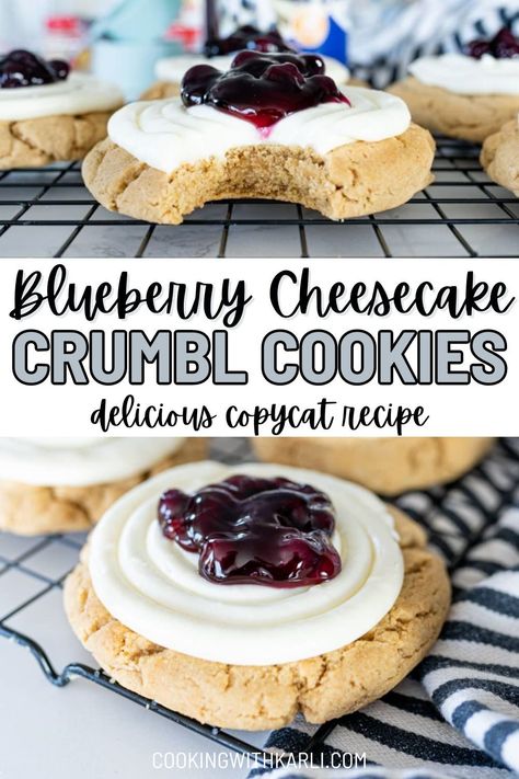 All the flavors you love about cheesecake packed into delicious graham cracker cookie topped with cheesecake frosting and blueberries. With this recipe you get all of the incredible flavors of cheesecake in cookie form! A graham cracker cookie topped with cheesecake frosting and topped with blueberry filling, creates an incredible crumble copycat cookie recipe. | homemade blueberry cheesecake cookies | crumble cookie copycat recipe blueberry cheesecake | best crumble cookie copycat recipe Crumble Cookie Copycat Recipe Funfetti, Crumbl Cookie Copycat Blueberry Cheesecake, Cookies Like Crumbl, Crumbl Blueberry Cheesecake Cookie, Crumbl Birthday Cake Cookies, Cake Batter Blondie Crumbl Cookie, Strawberry Cheesecake Crumble Cookie, Cornbread Crumble Cookie Recipe, Wedding Cake Crumbl Cookie