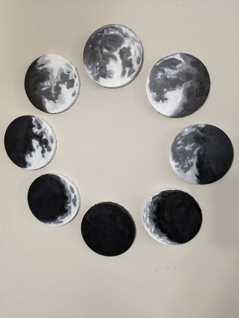 8 - 8" round canvases. Acrylic multi-part moon phase painting. Moon Phase Painting, Moon Phase Art, Painted Records, Cd Wall Art, Vinyl Art Paint, Circular Canvas, Moon Phases Art, Record Painting, Circle Canvas