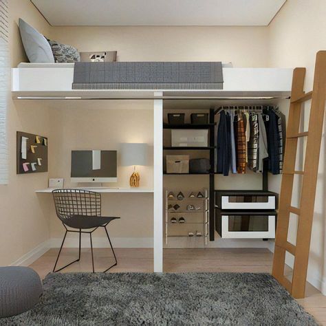 Design Case Mici, Loft Beds For Small Rooms, Reka Bentuk Bilik Tidur, A Loft Bed, Tiny Bedroom Design, Beds For Small Rooms, Loft Bed Plans, Diy Loft Bed, Small Apartment Bedrooms