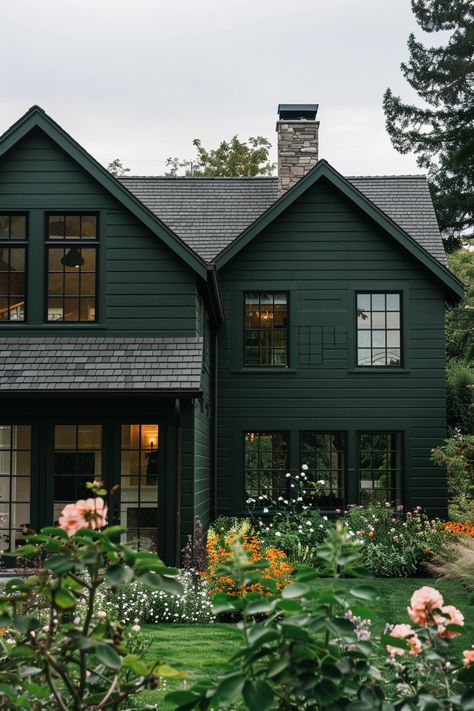 Green House Exterior Black Windows, Green Paint Colors Exterior House, Moody Green House Exterior, Coloured Houses Exterior, Forest Green Home Exterior, Green House Green Trim, Dark Green Exterior Paint Colors, Hunter Green Exterior House Colors, Green House Black Windows