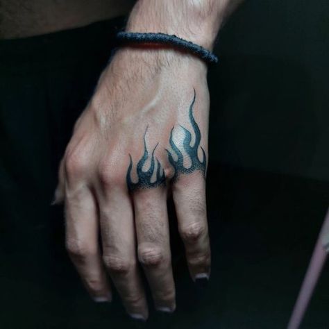 Tattoo Ideas For Men Flame Knuckle Tattoo, Creative Hand Tattoos For Men, Hand Tattoos Fire, Missing Finger Tattoo, Men Knuckle Tattoos, Tiny Hand Tattoos Men, Flame Hand Tattoo Men, Cool Easy Hand Tattoos, Fire On Hand Tattoo