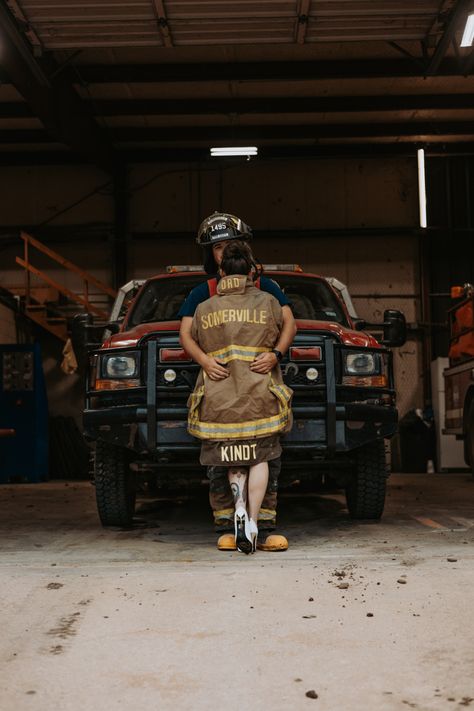 Engagements Cute Firefighter Couple Pictures, Firefighter And Doctor Couple, Fire Fighter Engagement Photos, Bouidor Firefighter, Nurse And Firefighter Couple Photo Ideas, Firefighter Couple Pictures, Firefighter Boyfriend, Firefighter Engagement Pictures, Firefighter Couple