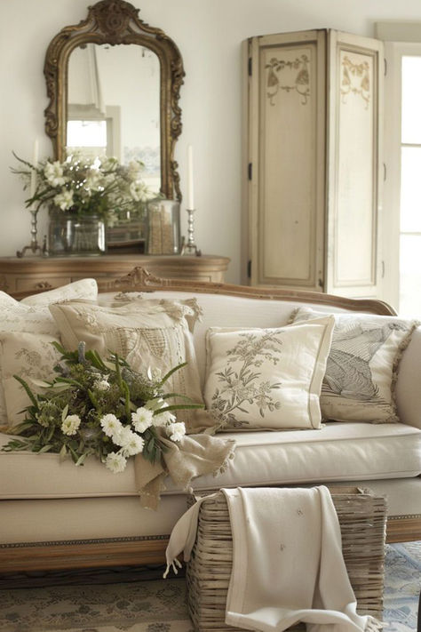 Classic French Country Old World Charm. #provence, #livingroom, #sofa, #mirror image: the home of fash French Provincial Decor Living Room, French Provincial Living Room, French Cottage Living Room, French Provincial Bed, White Dining Room Sets, Calming Decor, French Room, French Provincial Decor, Fancy Living Rooms