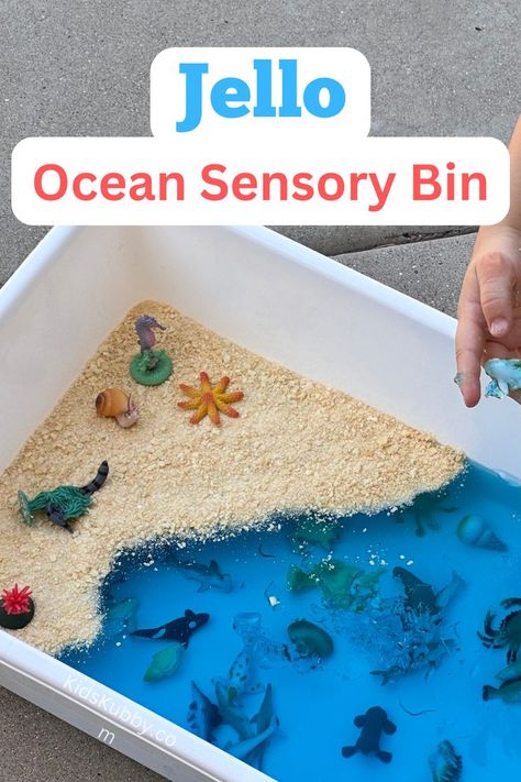 jello sensory play, jello sensory bin, sensory bin for toddlers, jello sensory activities, easy sensory activities for preschoolers, how to make a sensory bin, ocean theme activity, dollar store play ideas for kids Jello Sensory Bin, Ocean Jello, Jello Sensory Play, Animal Sensory Play, Easy Sensory Bin, Edible Sensory Play, Edible Sand, Water Play Activities, Sensory Play Toddlers