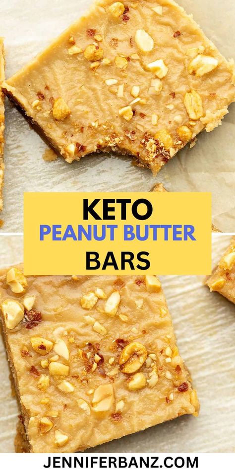 These keto peanut butter bars are the perfect low carb treat for any peanut butter lover.  The soft cookie layer topped with a creamy peanut butter icing and chopped peanuts is a combination that is hard to resist. Keto Peanut Butter Bars, Peanut Butter Chocolate Chip Bars, Keto Peanut Butter Chocolate, Low Carb Treat, Peanut Butter Bars Recipe, Keto Bars, Keto Peanut Butter, Chocolate Chip Bars, Low Carb Peanut Butter